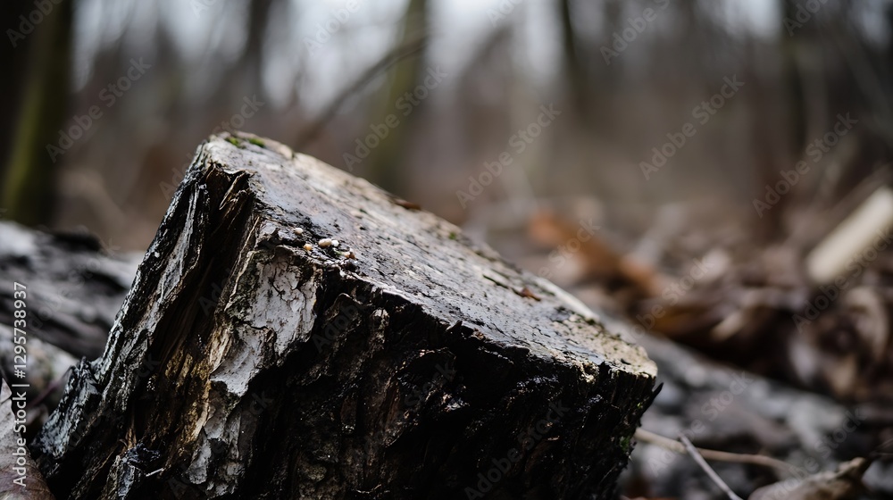 Poster Close up view of a tree stump in a forest surrounded by blurred foliage and earthy tones : Generative AI
