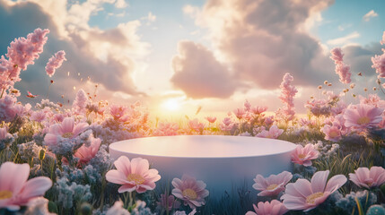 Serene Floral Landscape with a Platform at Sunset