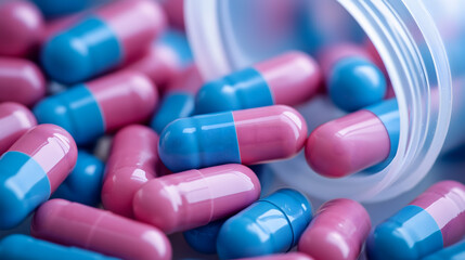 Pink and Blue Capsules in a Medicine Bottle