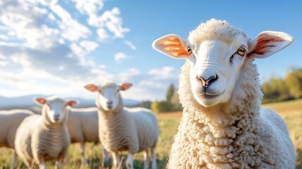 Fototapeta premium Friendly and fluffy sheep grazing peacefully in a vibrant green pasture under a blue sky : Generative AI