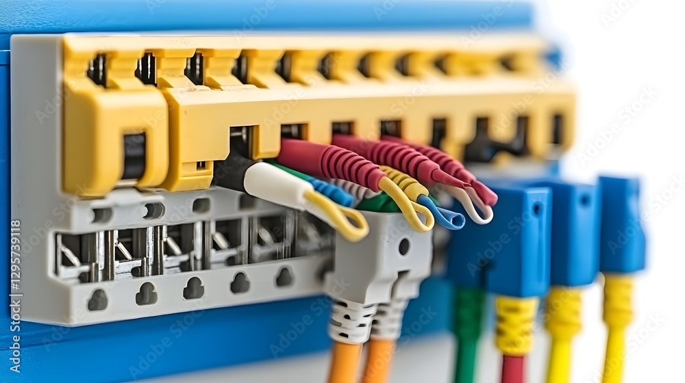 Poster Closeup of a person s hands inserting color coded wires into a quick connect terminal with a plastic housing  The terminal is designed for efficient electrical wiring connectivity