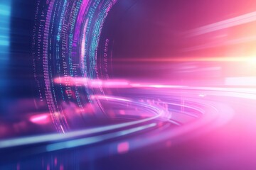A vibrant, abstract representation of light trails and digital data, creating a sense of speed and motion in a colorful, futuristic environment.