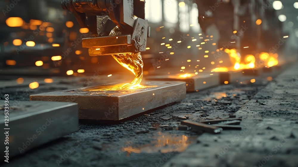 Poster closeup shot of molten bronze being poured into a lost wax casting mold in an industrial workshop se