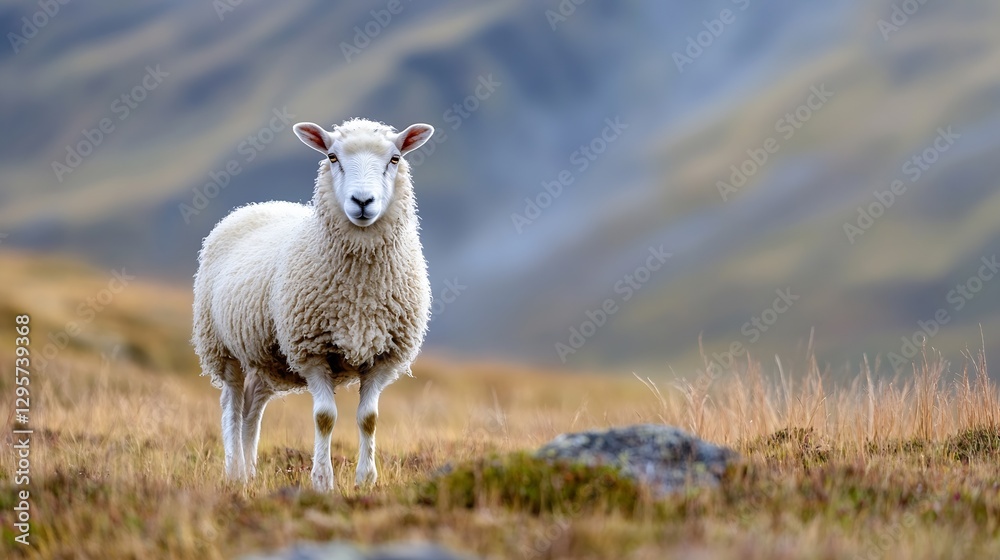 Poster adorable sheep standing gracefully in a serene natural landscape with soft colors : generative ai