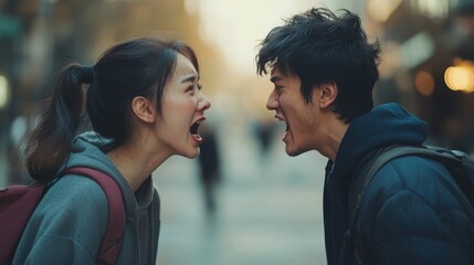 attractive angry couple fighting and shouting at each other