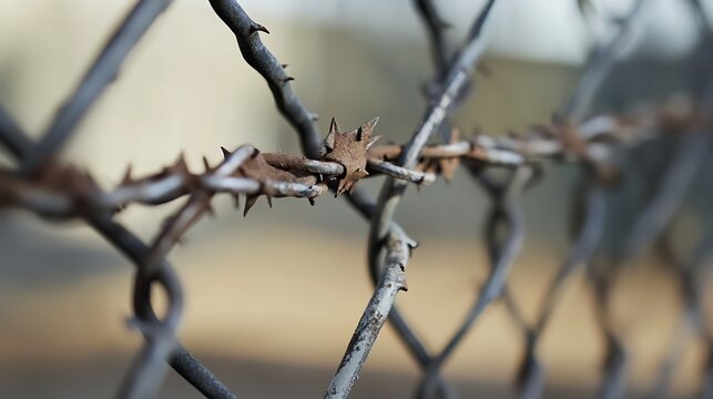 Artistic closeup of rusty barbed wire against a blurred background illustrating confinement and stark contrast : Generative AI