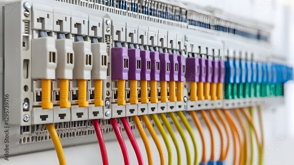Poster Closeup view of a terminal block device connecting multiple colored electrical wires in an industrial  automation or engineering setting  Concept of power  energy