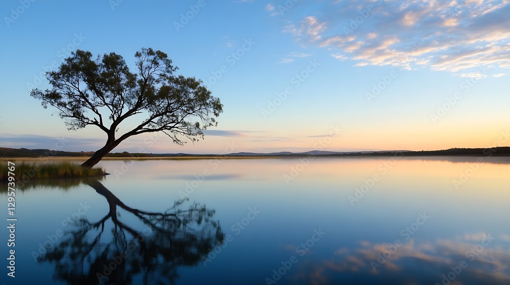 Poster serene reflections of a lone tree on tranquil lake at sunset : generative ai