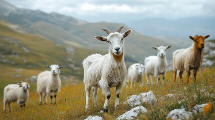 Fototapeta premium Goats graze peacefully on a lush hillside, their textured coats contrasting with the vibrant grass and stunning mountainous backdrop. A tranquil setting highlights their natural behavior