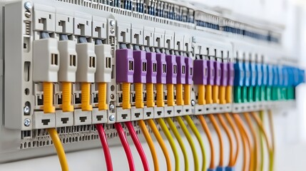 Closeup view of a terminal block device connecting multiple colored electrical wires in an industrial  automation or engineering setting  Concept of power  energy