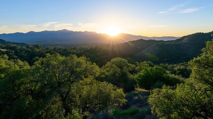 Fototapeta premium Breathtaking Sunset Over Mountains and Trees in a Scenic Landscape : Generative AI