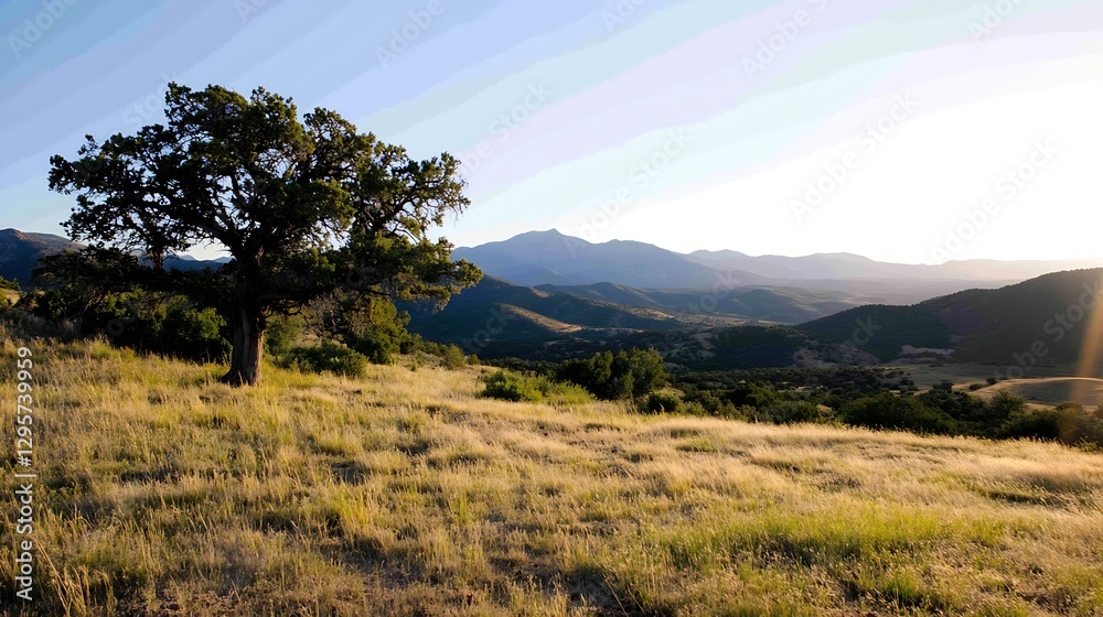 Poster lone tree on a rolling hill overlooking a mountain range under golden sunset : generative ai
