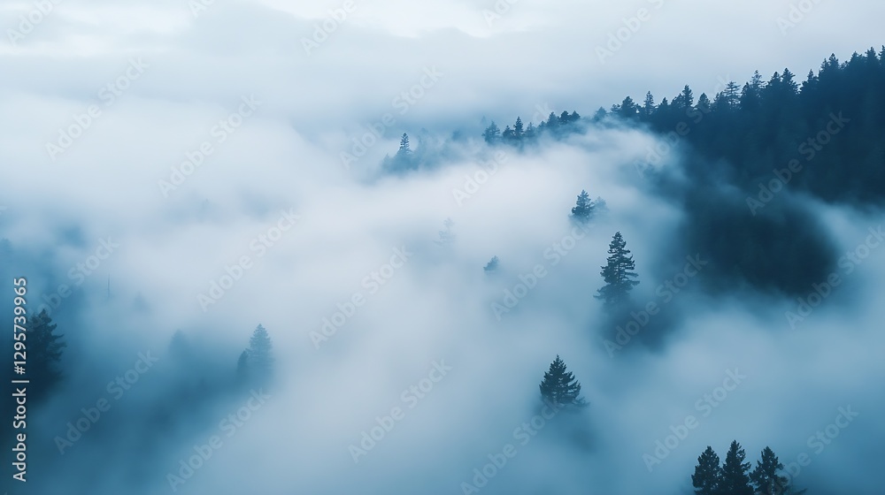Aufkleber mysterious misty forest view showcasing trees enveloped in fog for a serene atmosphere : generative 