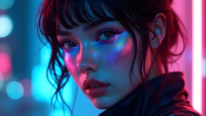 Naklejka premium Tech Noir Elegance: Glowing Makeup and Cyber Aesthetics