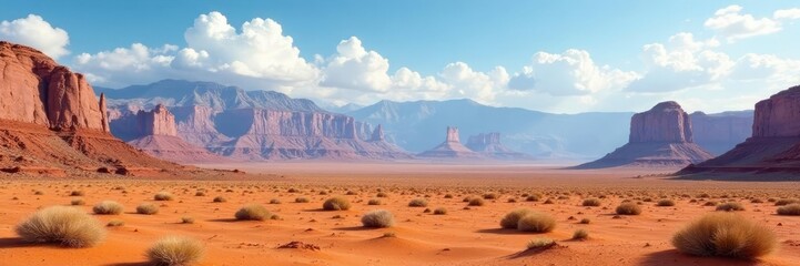 Fototapeta premium Desert landscape with majestic mountains in the background, rock formations, vast space