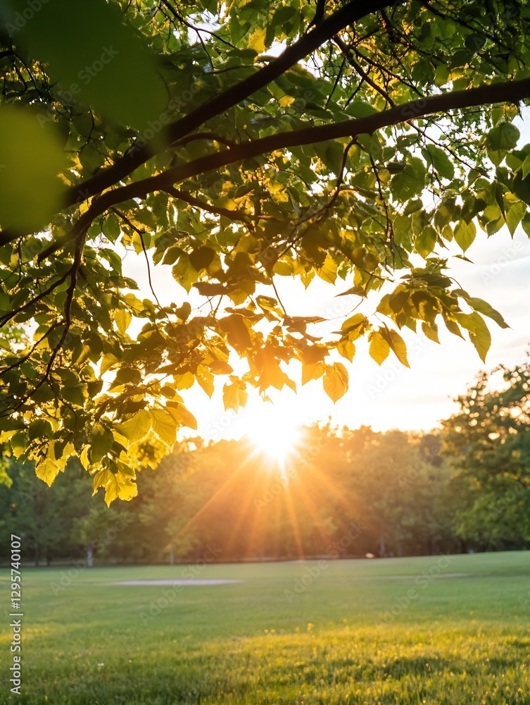 Aufkleber beautiful sunset filtering through lush green leaves creating a warm glow in a serene park setting :