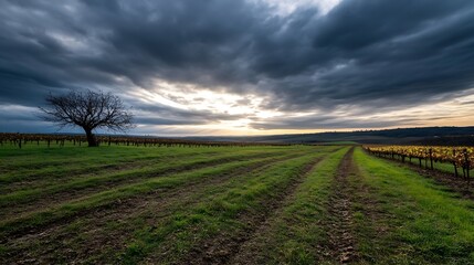 Naklejka premium Vineyard Landscape Under Dramatic Cloudy Skies at Sunset : Generative AI