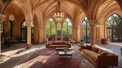 Obraz premium Grand Gothic Hall Interior Design: Luxurious Living Space with Sunlight Streaming Through Tall Windows
