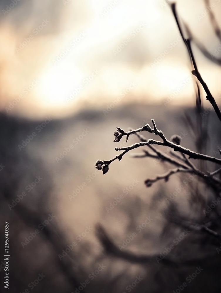 Poster delicate frosted branches captured in a misty landscape at sunset : generative ai