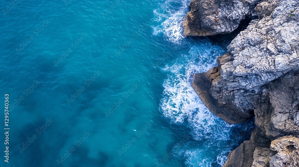 Poster aerial view of turquoise ocean with rocky coastline and clear waves crashing : generative ai
