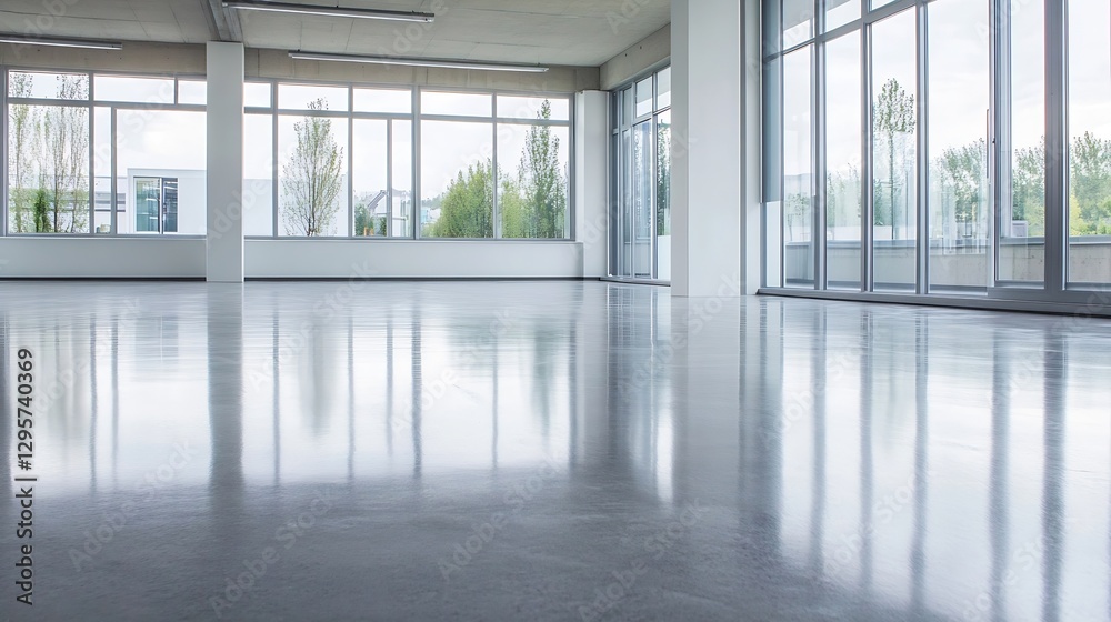 Fototapete spacious and minimalist empty room with large windows and reflection on the floor : generative ai