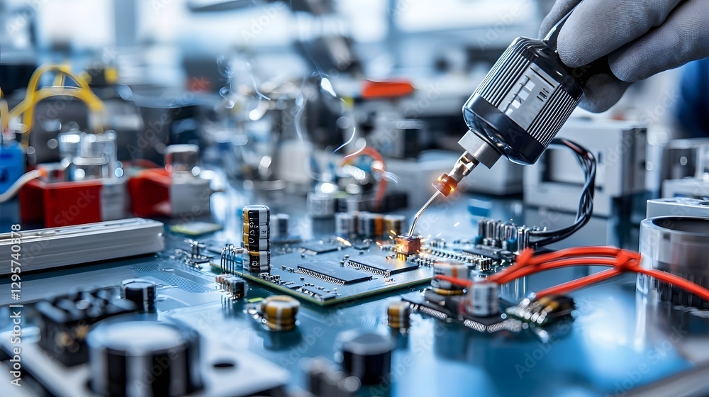 Fototapete closeup view of soldering power cable to circuit board in a precision industrial workshop environmen