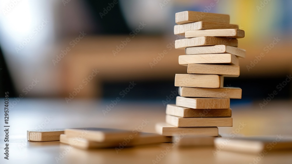 Poster Wooden blocks stacked in a precarious manner on a tabletop representing a game of strategy and skill in a playful environment : Generative AI