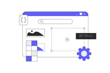 Web design studio, site development company. Web designer build user friendly interface. Flat Cartoon Vector Illustration, icon. Stylish abstract Flat design for website