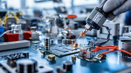 Closeup View of Soldering Power Cable to Circuit Board in a Precision Industrial Workshop Environment  Electrical Engineering Computer Hardware Repair and Component Assembly Process