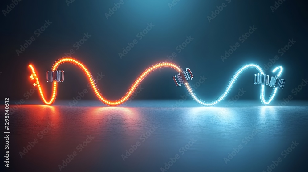 Aufkleber connecting colorful glowing led light strips using specialized clip connectors in an abstract futuri