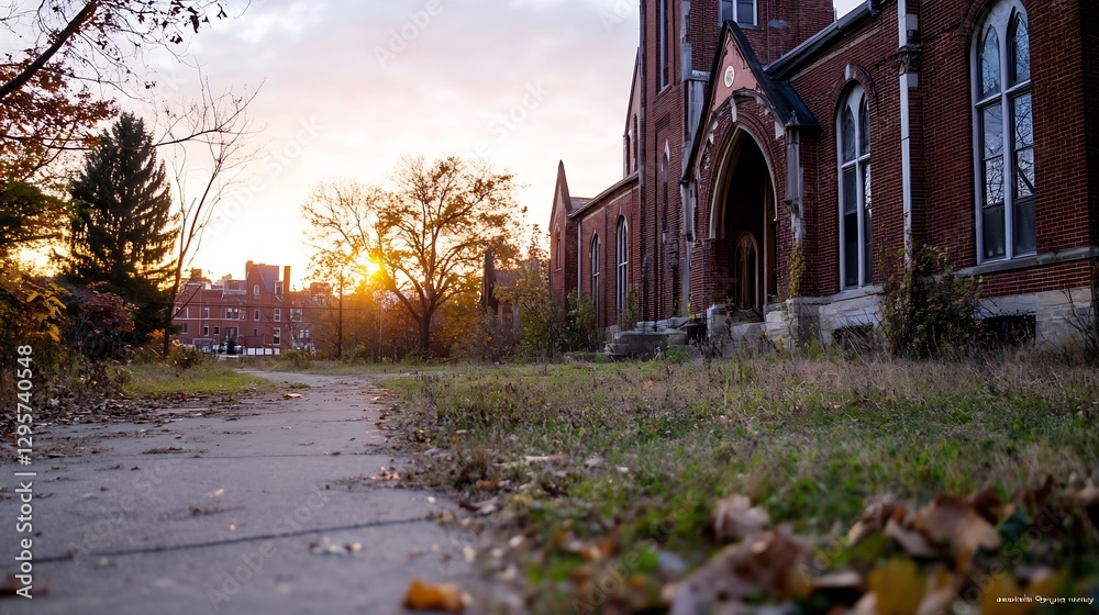 Aufkleber sunset over historic building with pathway surrounded by autumn foliage : generative ai