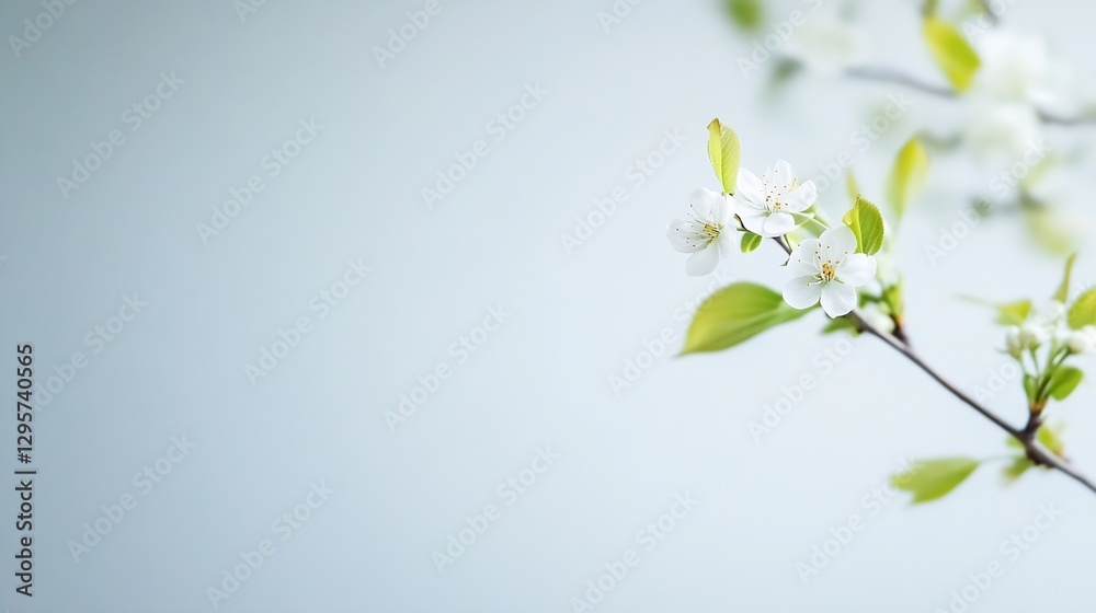 Poster Delicate white cherry blossom branch with fresh green leaves on a soft blue background creating a serene atmosphere : Generative AI