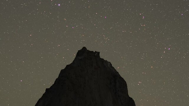 4K Night lapse shot of stars behind the holy Gonbo Rangjon mountain peak during the night at Zanskar Valley in remote region of Ladakh, India. Stars behind the Himalayan mountain peak during night.