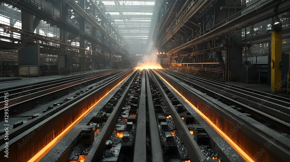 Poster Continuous casting of molten steel slabs in a large industrial factory setting with heavy machinery equipment and intense lighting