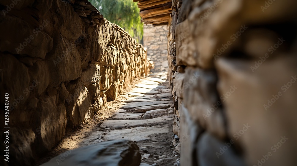 Poster narrow stone pathway illuminated by sunlight with rustic walls creating a historic atmosphere : gene