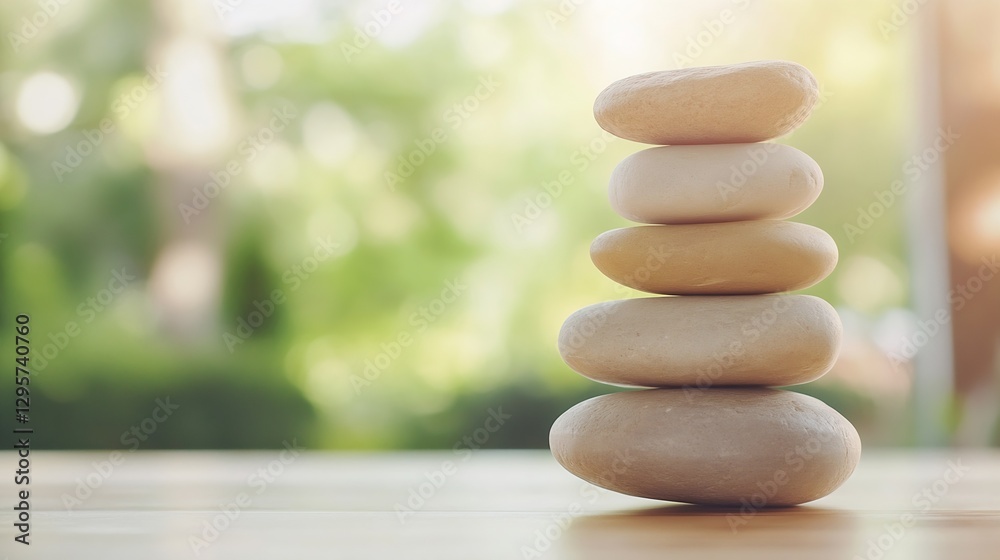 Fototapete Balanced Rock Stack Displaying Serenity and Calmness with Green Natural Background : Generative AI