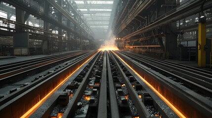 Continuous casting of molten steel slabs in a large industrial factory setting with heavy machinery equipment and intense lighting