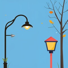 street lamp on plain blue background childish style illustration