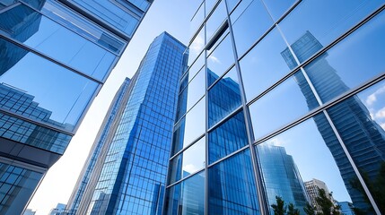 Obraz premium Contemporary Office Buildings with Reflective Glass Panels Capturing City Views : Generative AI