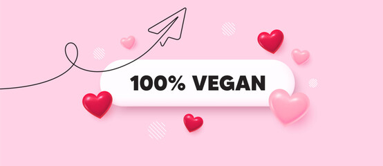 Vegan food search bar. Share plane line icon. 100 percent vegan. Organic bio food sign. Vegetarian product symbol. Search button with 3d hearts. Vector
