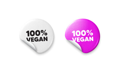 Vegan food sticker tags. Glitter paper price badge. 100 percent vegan tag. Organic bio food sign. Vegetarian product symbol. Offer round sticker. Promo banner. Vector