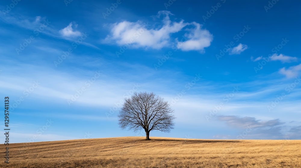 Poster solitary tree on a hill under a vast blue sky with clouds during daytime : generative ai