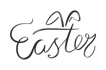 Happy Easter hand drawn calligraphy with Easter bunny ears. Brush lettering. Vector illustration