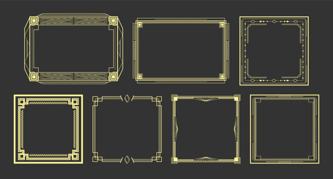 Collection of vintage retro Art Deco frames. Golden Art Deco borders in different shapes and design. Vector illustration