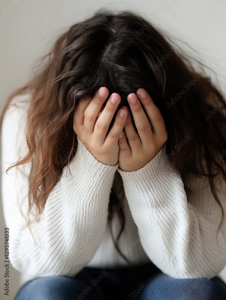 Poster vulnerable image of a girl covering her face with hands while sitting on the floor in a soft light s