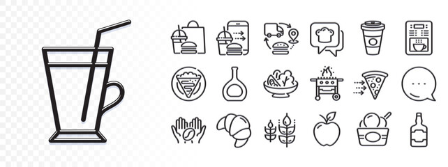 Supply chain, Coffee cup and Food order line icons for web app. Glare of light effect. Message icon. Pack of Food delivery, Gluten free, Cognac bottle pictogram icons. Vector