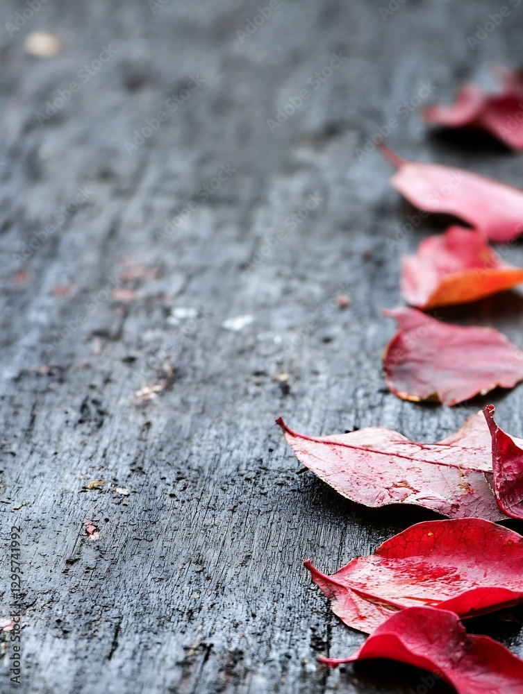 Poster Red autumn leaves gracefully arranged on a rustic wooden surface creating a cozy atmosphere : Generative AI