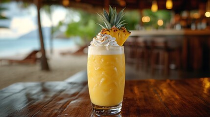A vibrant tropical drink sits elegantly on a wooden table, topped with fresh pineapple slices and whipped cream, embodying the essence of a relaxing beach getaway at sunset