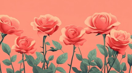 Obraz premium Coral-colored roses against a warm coral background for a harmonious floral aesthetic.