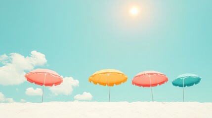 Fototapeta premium Minimalist Beach Scene with Colorful Umbrellas Under a Bright Sky